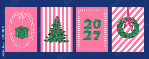 Vector Christmas and New Year 2027 Greeting Card Set with Evergreen Wreath and Striped Backgrounds. Suitable for Holiday Marketing Banners, Gift Packaging Badges, Social Media, and Posters