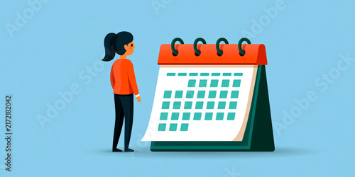 Flat vector illustration of a woman looking up at an oversized calendar page, representing time management, scheduling, appointment planning, and staying organized throughout a demanding work week