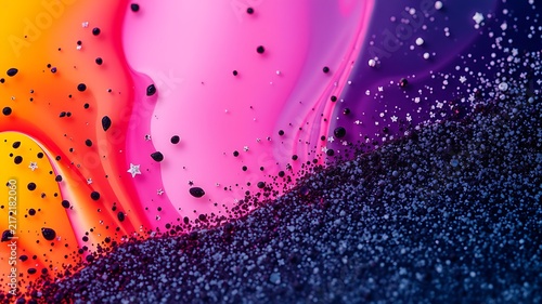 Abstract background, with swirling liquid, paint in vibrant, pink orange and, purple with black, glitter and star, shapes scattered across, the surface