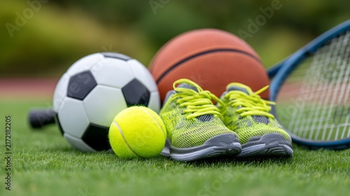 Colorful sports shoes stand out among various balls and a tennis racket, all resting on vibrant green grass in a lively outdoor setting
