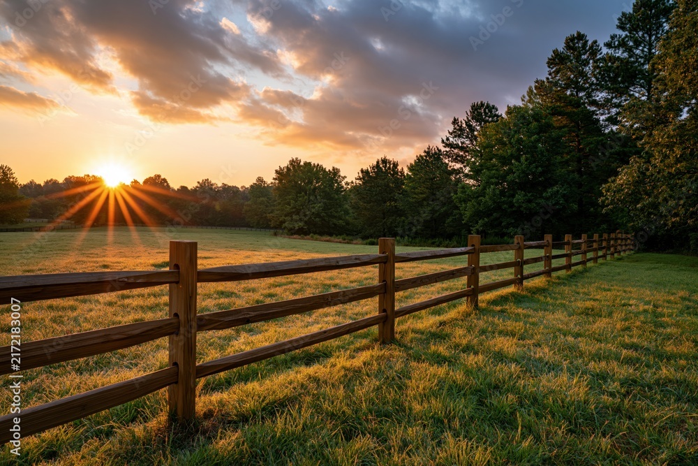 Fototapeta premium The Wooden Fence at Sunset Over a Quiet Meadow, Framed by Trees