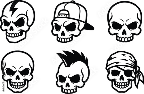 Collection of six unique cartoon skull illustrations in bold black and white line art, featuring different styles including a lightning bolt skull, baseball cap skull, classic skull, mohawk skull, and