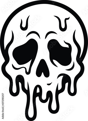 Stylized black and white melting skull illustration with dripping edges, dark hollow eyes, and bold graphic outlines. Perfect for Halloween designs, horror artwork, spooky illustrations, t-shirts, pos