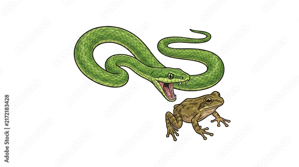 Obraz premium Green snake attacking a brown toad, predatory wildlife illustration on white background.