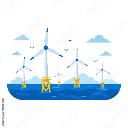 Offshore wind turbines stand against a blue sky with clouds depicted in a flat vector illustration windmills windpower renewable energy sustainable power generation electricity ocean