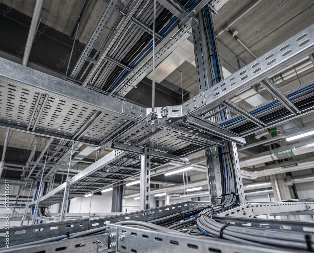 Fototapeta premium Modern industrial metal cable trays and wiring infrastructure inside