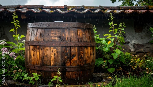 Old wooden barrel in a rustic garden setting.