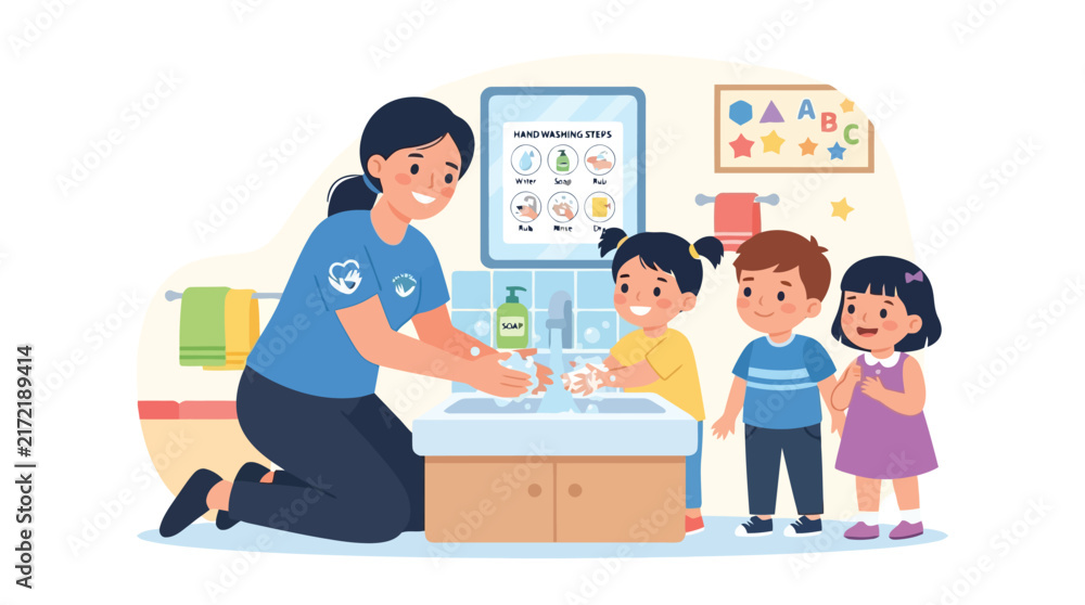 Fototapeta premium Volunteer teacher showing young children proper hand washing steps in a colorful classroom setting vector illustration