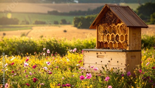 Wooden beehive in wildflower meadow at golden hour.