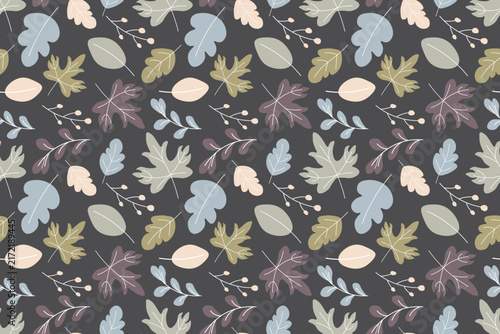 Seamless vector pattern of muted autumn maple and oak leaves with berry sprigs in pastel tones on a dark charcoal background. Ideal for fall fabric, seasonal surface design and decorative prints.