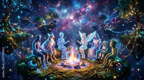 Group of glowing fantasy avatars sitting around a campfire in a magical cosmic forest