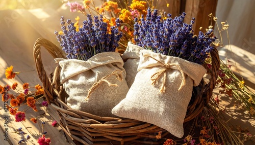 Woven basket with lavender bundles and floral background.