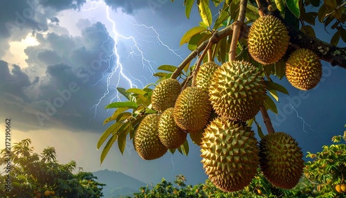 Ripe Durian Fruits Hanging on Tree with Stormy Sky.