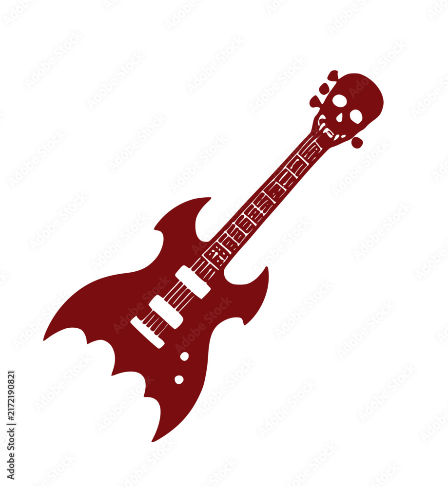 Obraz premium Bat Wing Electric Guitar icon. Dark red silhouette of a spooky heavy metal musical instrument decorated with a creepy skull headstock for Halloween art