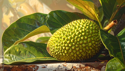 Close up of a fresh jackfruit hanging on a tree branch.
