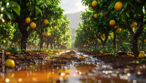 Sunlit Orange Grove with Ripe Fruit and Morning Dew.