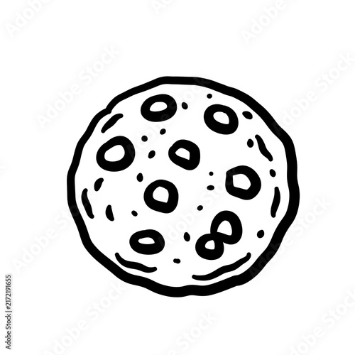 Hand drawn black line art vector set of delicious chocolate chip cookies, continuous line biscuit illustration isolated on transparent background