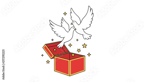 Two beautiful white doves flying out of an opened red gift box decorated with bright golden stars of magic.