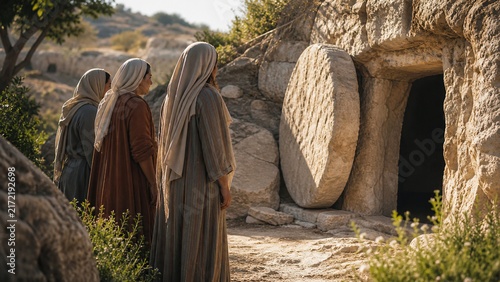 Three women in biblical robes approaching empty tomb with rolled away stone. Discovery of resurrection of Jesus Christ. Easter morning, Christian faith and holy scripture concept.