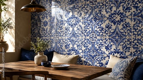 Rustic dining nook with vintage blue and white floral tiles
