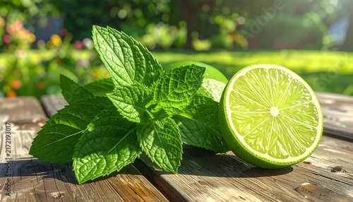 Fresh mint leaves and sliced lime on wooden table outdoors.