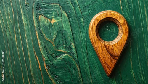 Wooden location pin on green textured background.