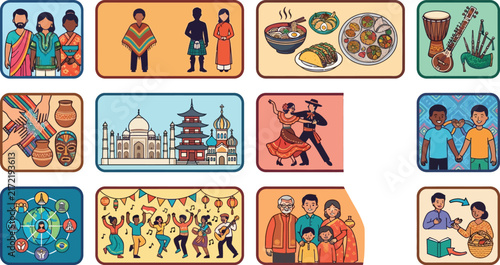 Illustrations of world cultures, traditions, food, music, and diverse people.