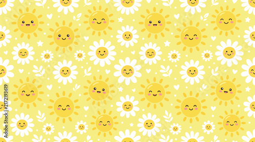 Happy suns and daisy flowers creating a cute yellow seamless pattern.