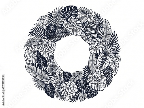 Tropical Leaf Circle Monochrome Vector Illustration, Abstract Botanical Floral Composition, vector isolated on white