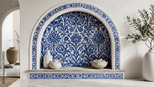 Blue and white ornate floral tiled niche with decorative vases