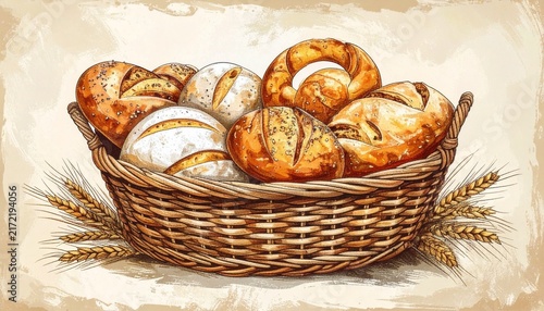 Freshly Baked Bread Basket with Wheat Stalks.