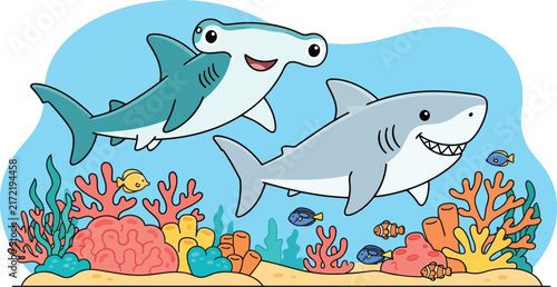 Friendly Cartoon Sharks and Tropical Fish in a Bright Coral Reef