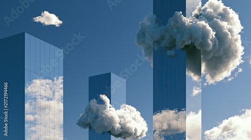 Obraz na płótnie Abstract, ethereal clouds drift between sleek, blue, reflective towers