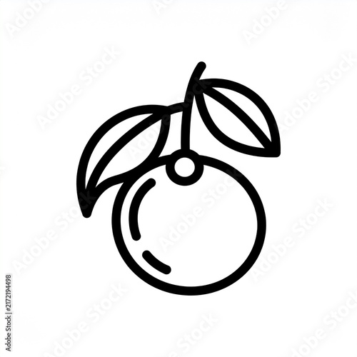 Minimalist black and white line art of a fruit with leaves.