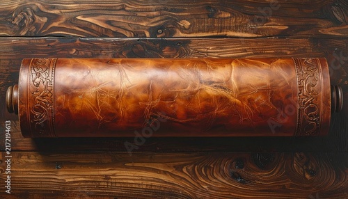Vintage Leather Scroll Resting on Rustic Wooden Surface.