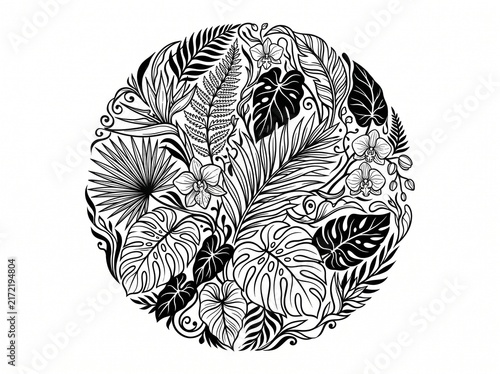 Tropical Leaf Circle Monochrome Vector Illustration, Abstract Botanical Floral Composition, vector isolated on white