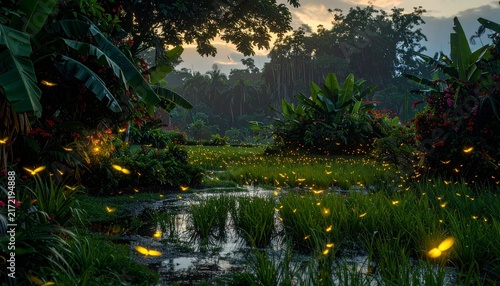 Glowing Fireflies Over Tropical Forest Pond at Dusk.