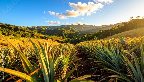 Sunlit Pineapple Plantation in Rolling Hills at Dawn.