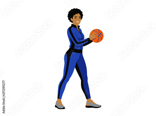 Athletic Woman In Blue Tracksuit Holding Basketball Ready To Play Sport