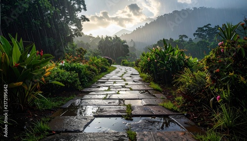 Misty Tropical Garden Pathway at Dawn with Lush Greenery.