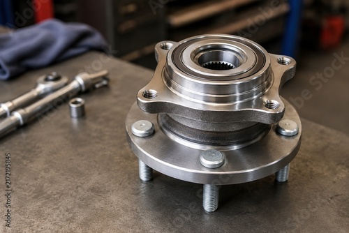 New automotive wheel hub bearing assembly ready for installation on a workshop bench