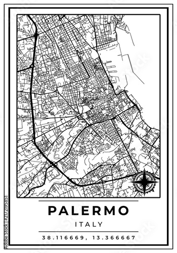 Downtown Street Maps of Palermo City Italy, Black and White Modern Poster with Location Coordinate and Compass Position, Wall Art Home Decor Ready to Printable