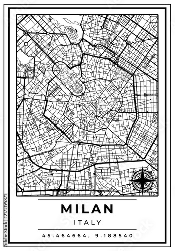 Downtown Street Maps of Milan City Italy, Black and White Modern Poster with Location Coordinate and Compass Position, Wall Art Home Decor Ready to Printable