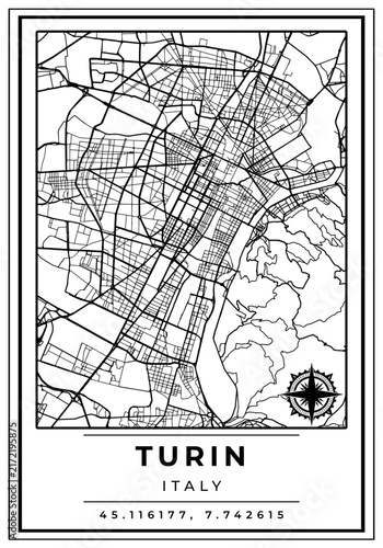Downtown Street Maps of Turin City Italy, Black and White Modern Poster with Location Coordinate and Compass Position, Wall Art Home Decor Ready to Printable