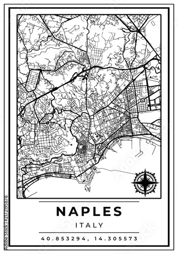 Downtown Street Maps of Naples City Italy, Black and White Modern Poster with Location Coordinate and Compass Position, Wall Art Home Decor Ready to Printable