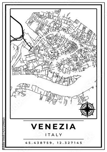 Downtown Street Maps of Venezia City Italy, Black and White Modern Poster with Location Coordinate and Compass Position, Wall Art Home Decor Ready to Printable