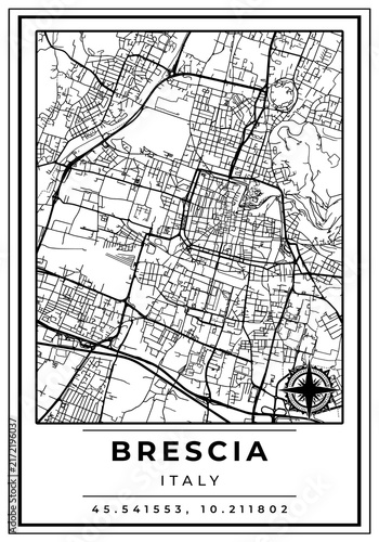 Downtown Street Maps of Brescia City Italy, Black and White Modern Poster with Location Coordinate and Compass Position, Wall Art Home Decor Ready to Printable