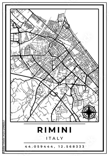 Downtown Street Maps of Rimini City Italy, Black and White Modern Poster with Location Coordinate and Compass Position, Wall Art Home Decor Ready to Printable