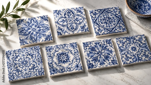 Blue and white decorative ceramic tiles with floral patterns