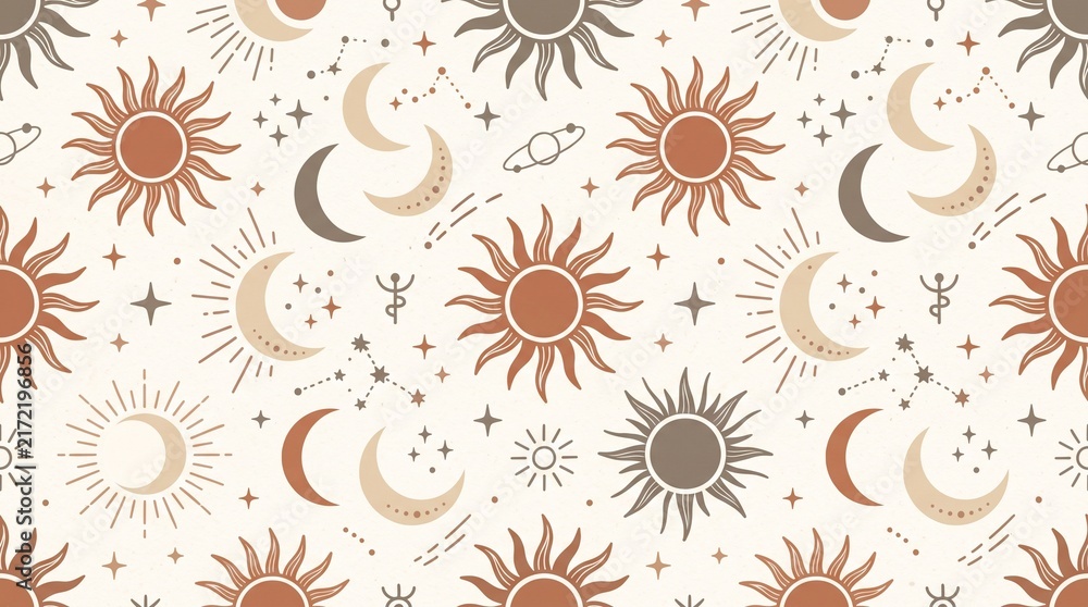 Seamless pattern with sun and moon celestial elements in boho style.